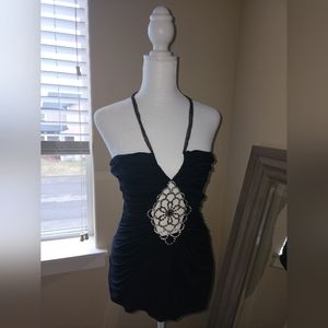 SKY top Black chain halter size Large Sexy crystal cutout embellishments y2k